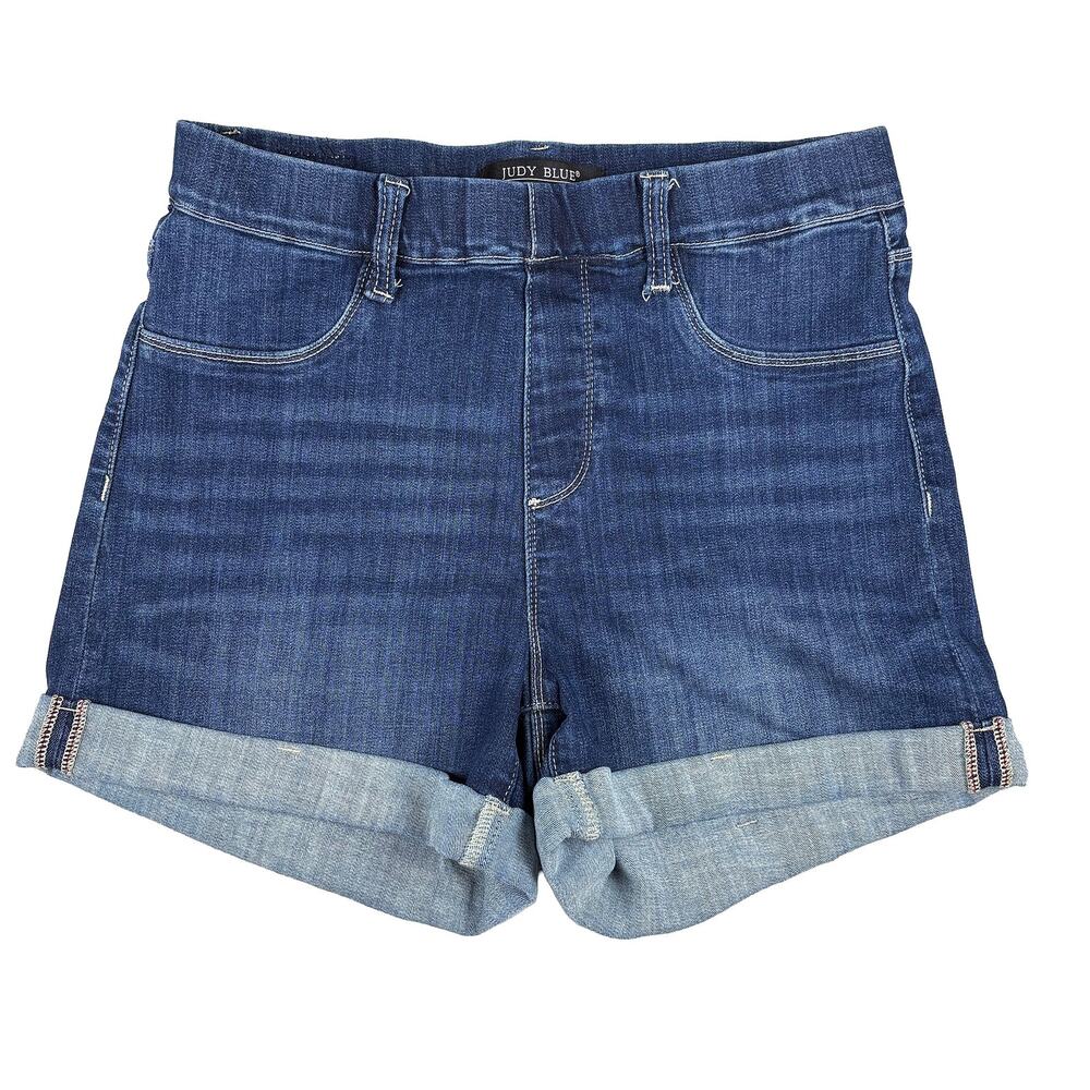 Judy Blue Pull On Short Womens L Dark Wash High Rise Stretch 4" Inseam Cuffed